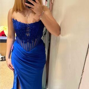 Strapless Royal Blue Lace Corset Maxi Dress